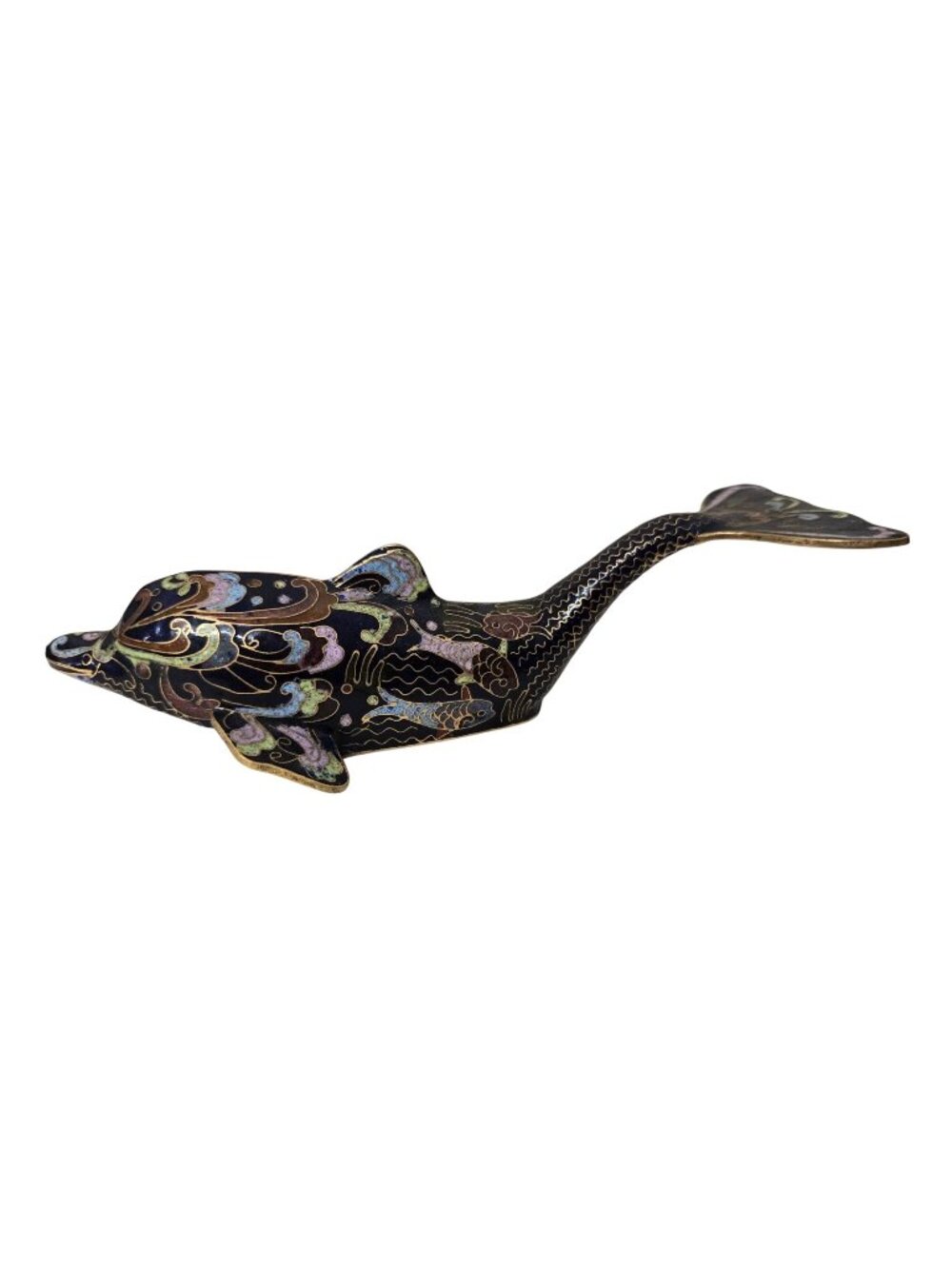 Cloisonne 7" Dolphin Figurine Multicolor Fish Floral Motif Design